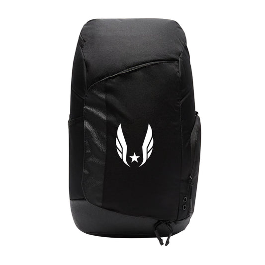Black backpack with a white logo on a white background