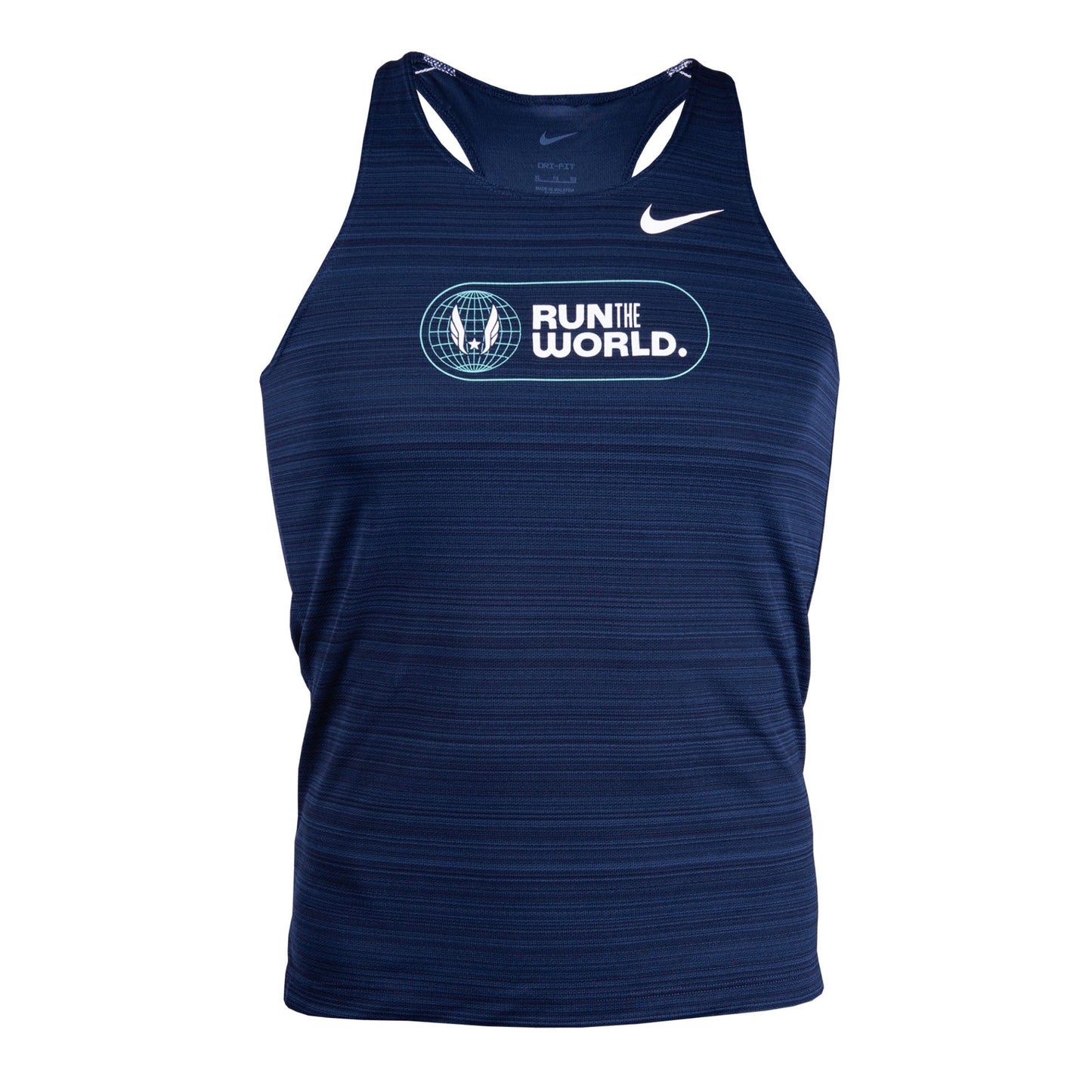 A navy blue Nike Dri-FIT Miler Tank for boys with a graphic on the front and reflective details.