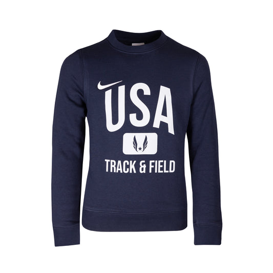 Navy blue sweatshirt with 'USA Track & Field' text and Nike logo on a white background