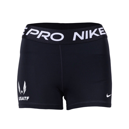 Nike USATF Women's Pro 365 Shorts in black with white Nike logo on left leg and USA Track and Field logo on the right leg.