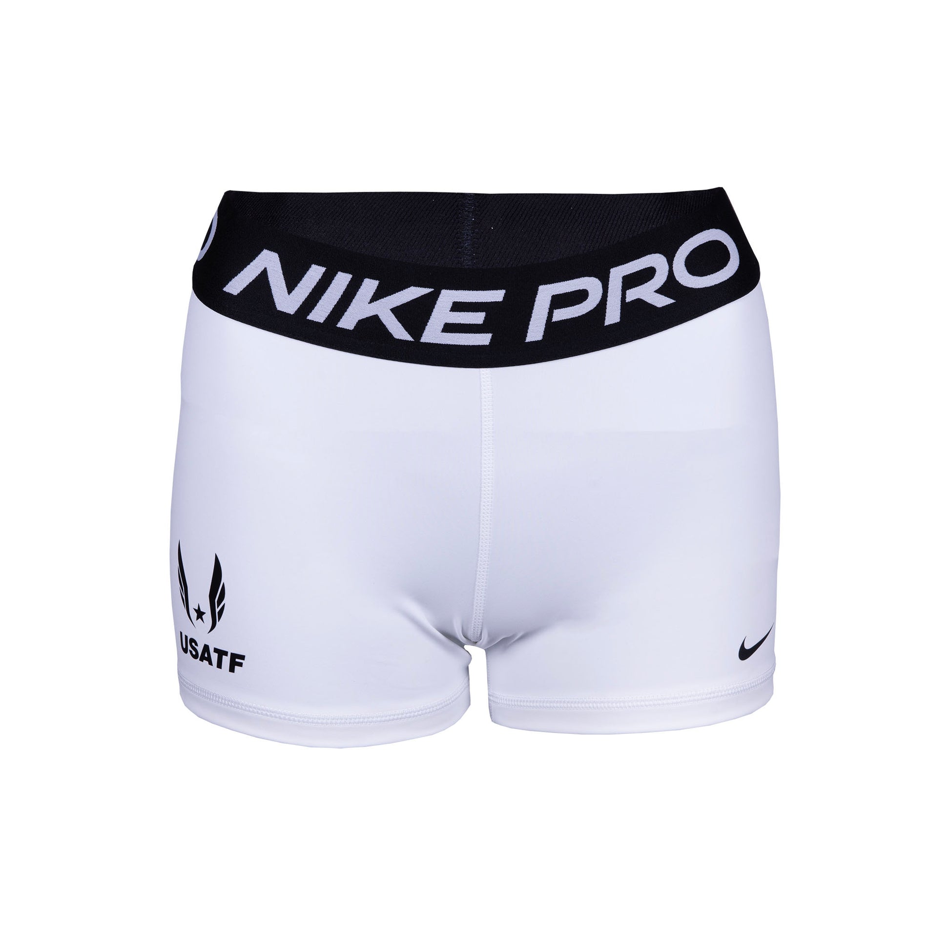 Nike USATF Women's Pro Short in white with a mid-rise elastic waistband featuring the Nike Pro logo, and a small USATF logo on the left leg.