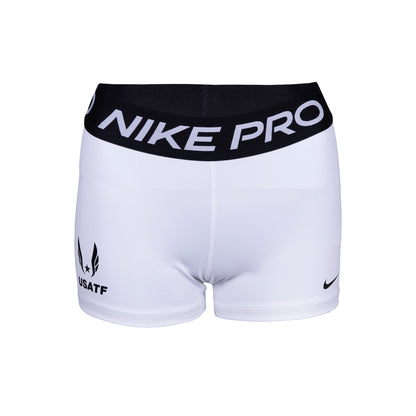 Nike USATF Women's Pro Short in white with a mid-rise elastic waistband featuring the Nike Pro logo, and a small USATF logo on the left leg.