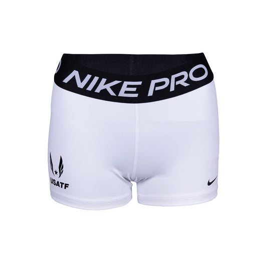 Nike USATF Women's Pro Short in white with a mid-rise elastic waistband featuring the Nike Pro logo, and a small USATF logo on the left leg.