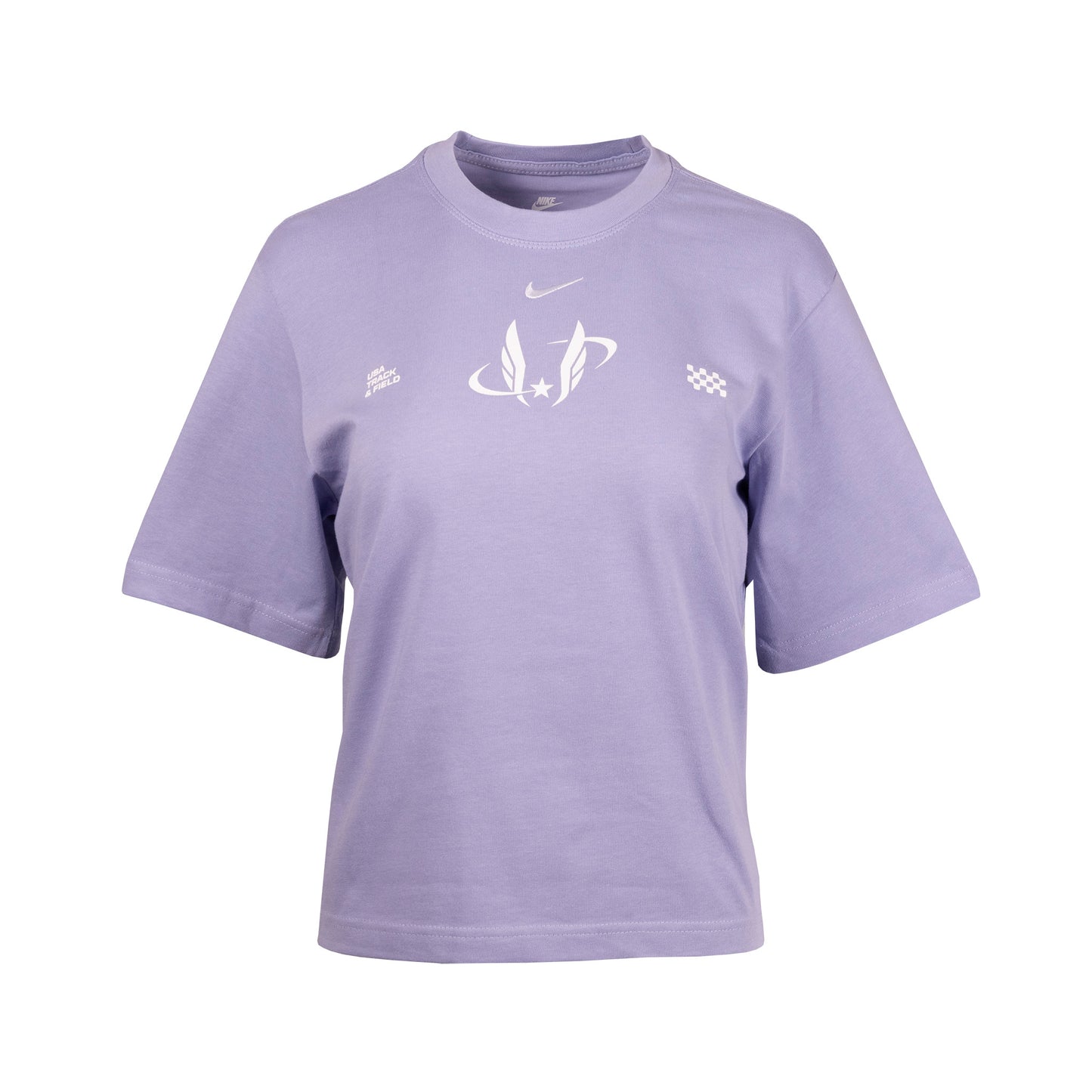 Purple t-shirt with Nike logo and symbols on a white background
