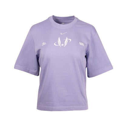 Purple t-shirt with Nike logo and symbols on a white background