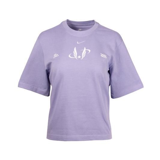 Purple t-shirt with Nike logo and symbols on a white background