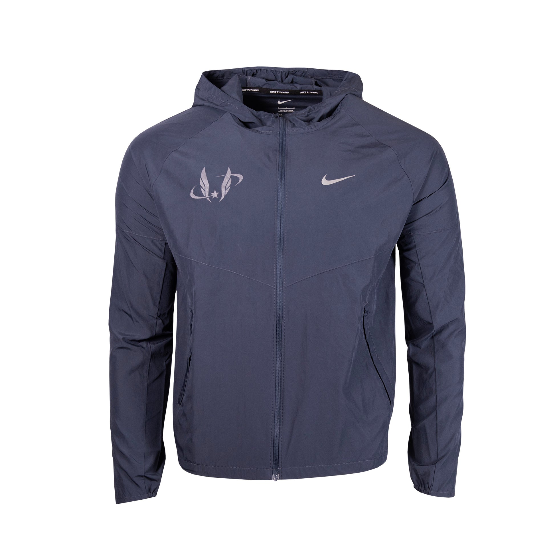 Navy jacket with a hood on a white background