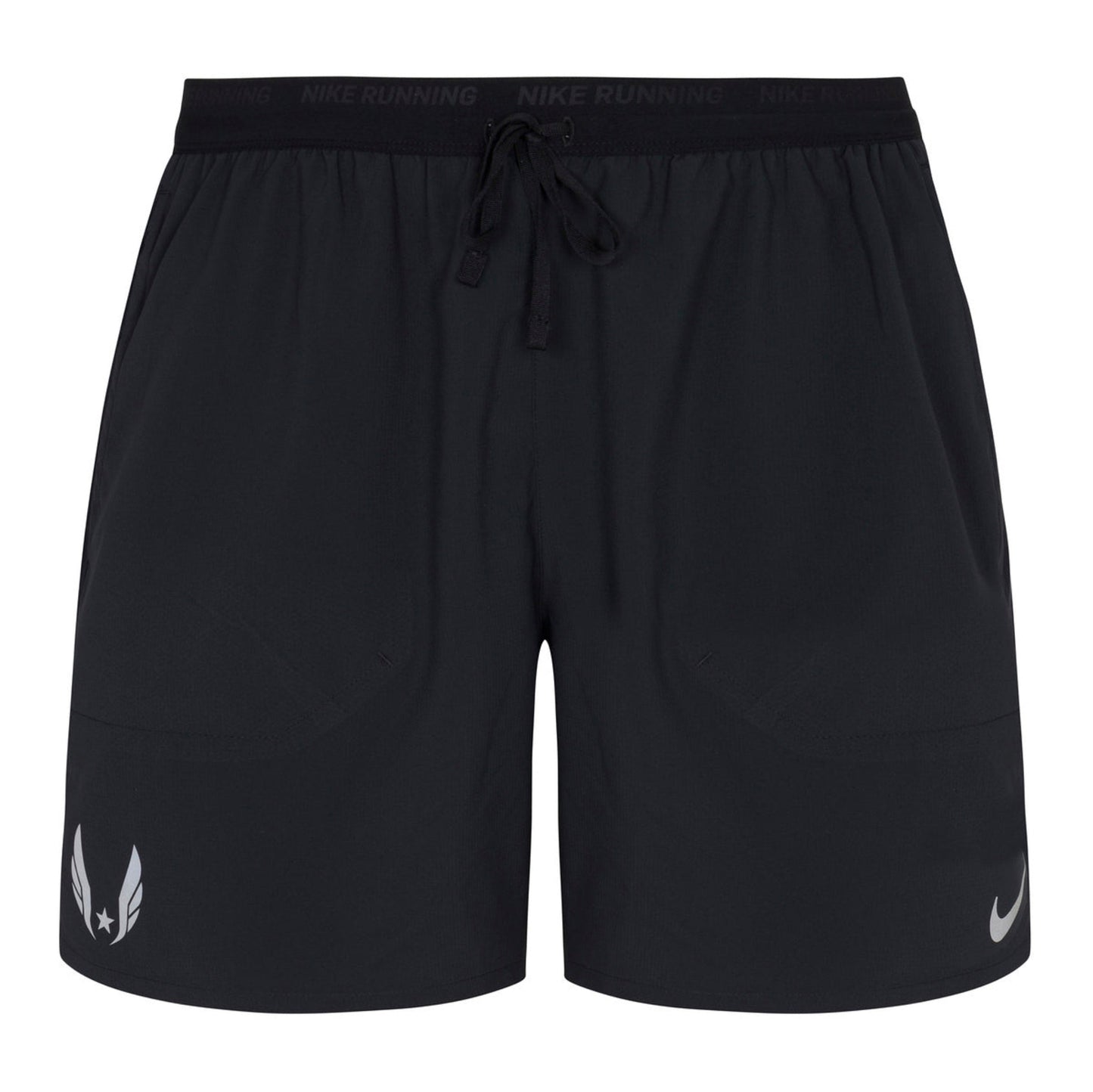 Nike USATF Men's Dri-FIT Stride 5" Brief-Lined Running Shorts in black color with a drawstring waistband and side pockets.