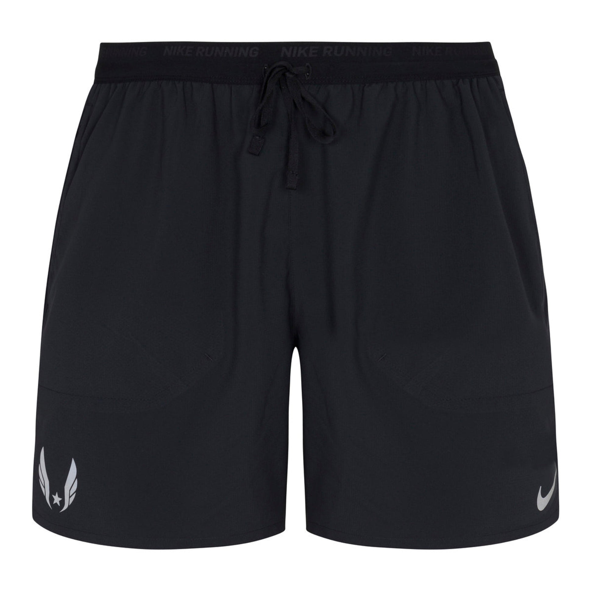 Nike USATF Men's Dri-FIT Stride 5" Brief-Lined Running Shorts in black color with a drawstring waistband and side pockets.