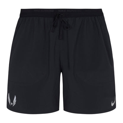Nike USATF Men's Dri-FIT Stride 5" Brief-Lined Running Shorts in black color with a drawstring waistband and side pockets.