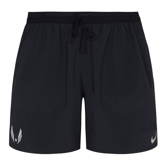 Nike USATF Men's Dri-FIT Stride 5" Brief-Lined Running Shorts in black color with a drawstring waistband and side pockets.