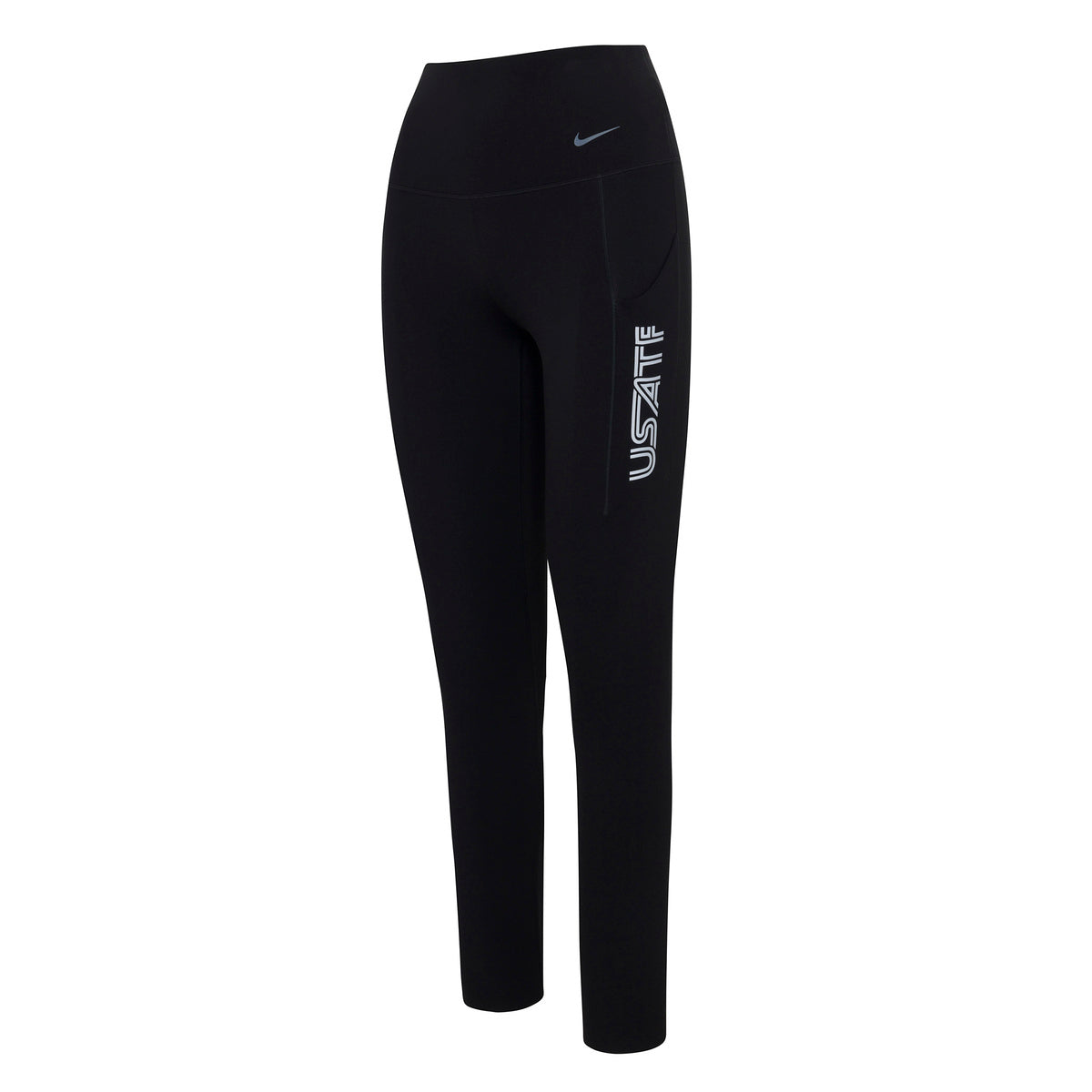 Nike USATF Women's Universa High-Waisted 7/8 Leggings in black color with a small logo on the left thigh.