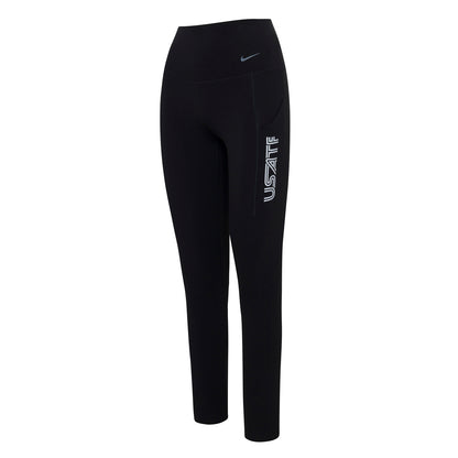Nike USATF Women's Universa High-Waisted 7/8 Leggings in black color with a small logo on the left thigh.