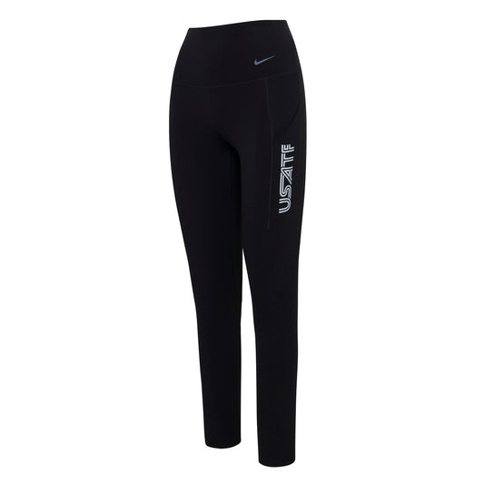 Nike USATF Women's Universa High-Waisted 7/8 Leggings in black color with a small logo on the left thigh.