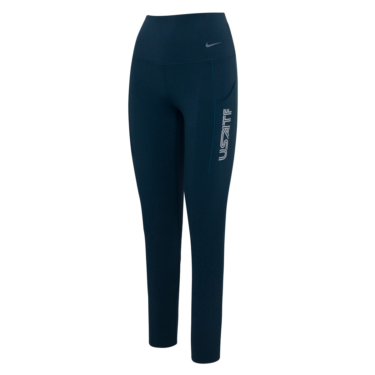 Nike USATF Women's Universa High-Waisted 7/8 Leggings in navy color with a white logo on the right leg.