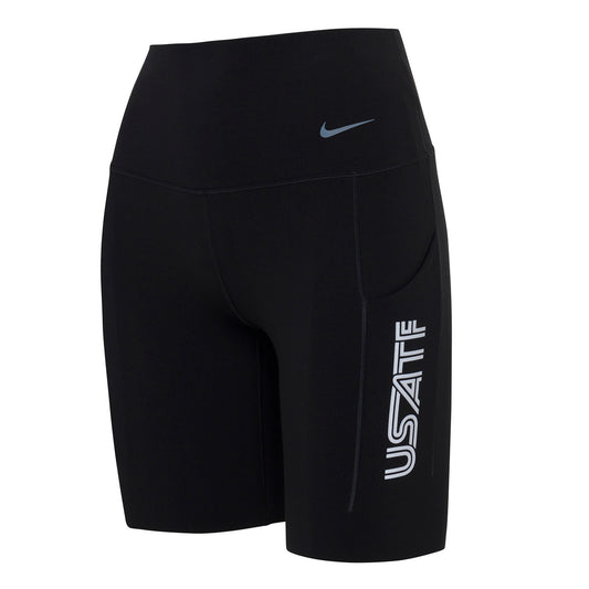 Nike USATF Women's black high-waisted 8-inch shorts with side pockets and logo detail.