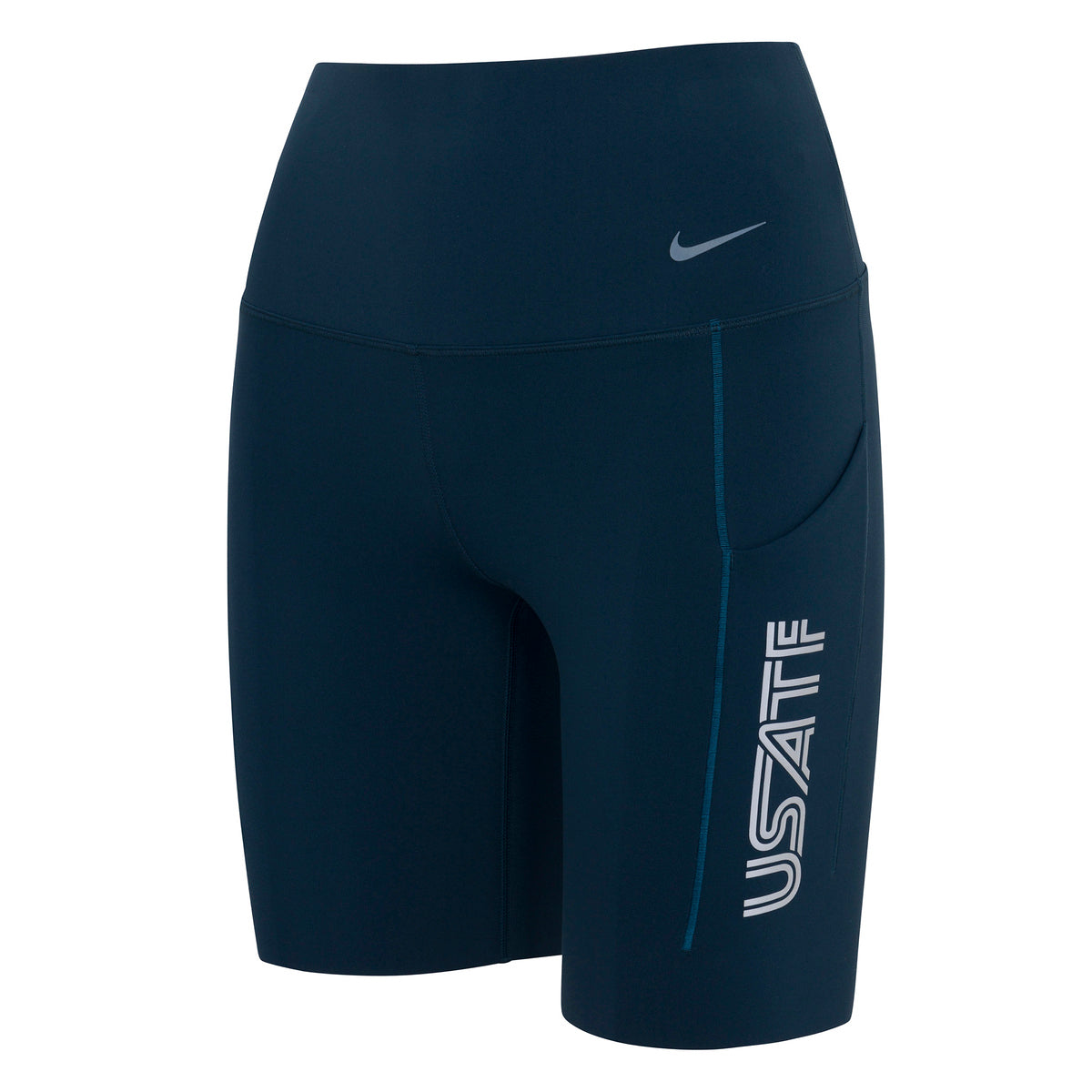 A pair of navy Nike USATF women's high-waisted 8-inch shorts with side pockets and a logo on the left leg.