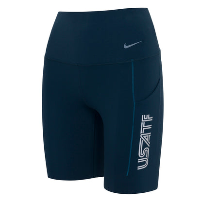 A pair of navy Nike USATF women's high-waisted 8-inch shorts with side pockets and a logo on the left leg.
