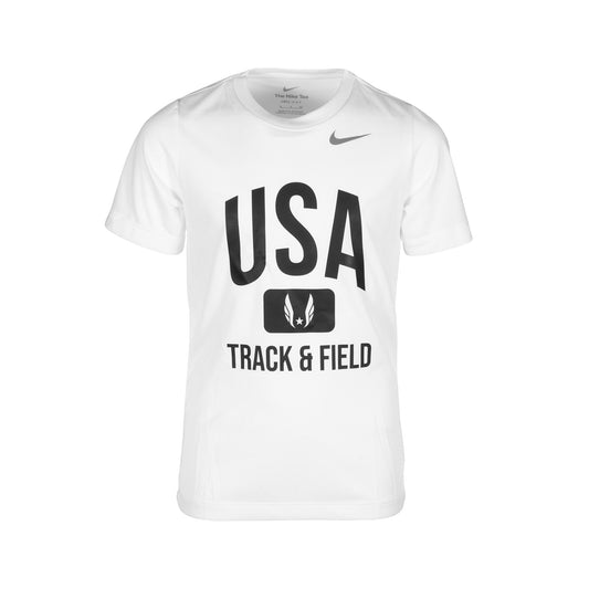 White t-shirt with 'USA Track & Field' text and Nike logo on a white background