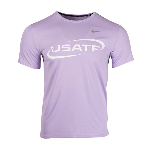 Purple athletic t-shirt with USATF and Nike logos on a white background
