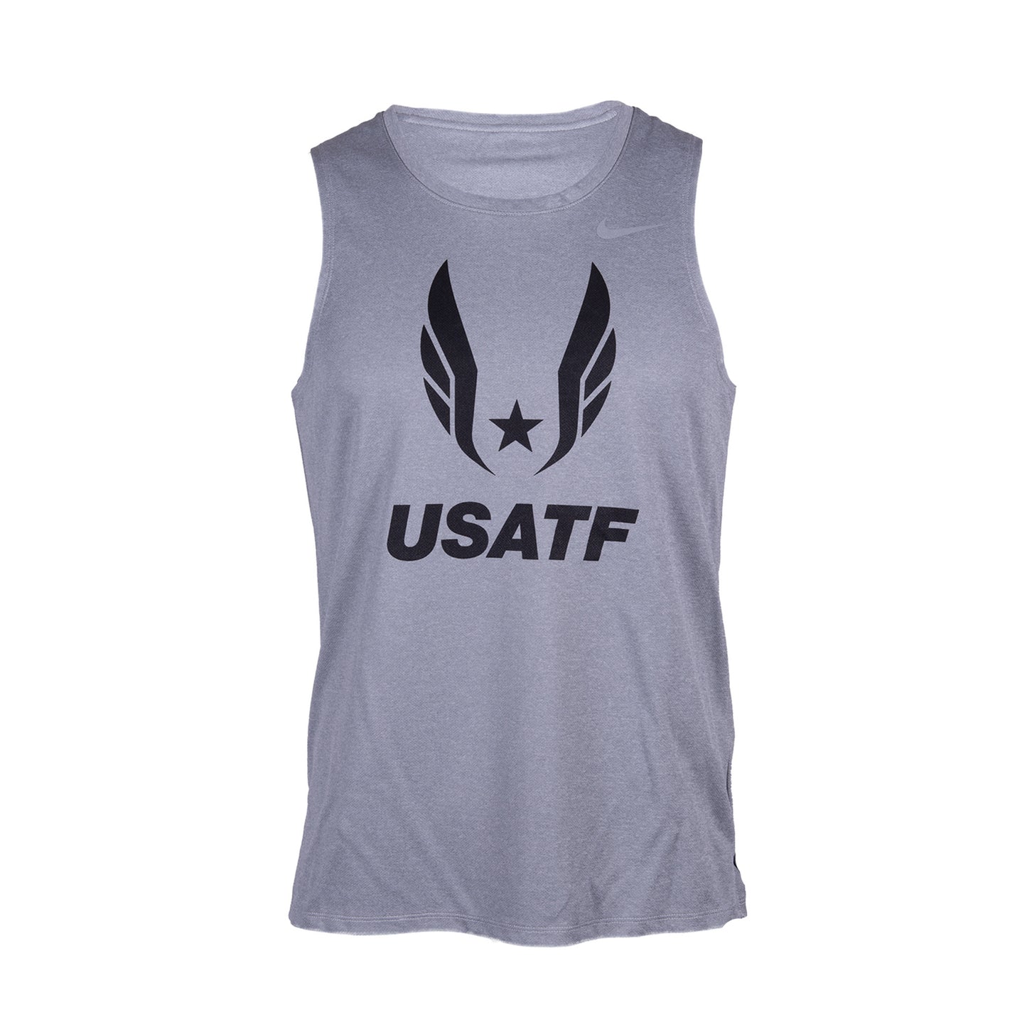 Nike USATF Men's DRI-FIT Miler Tank in gray color, featuring a sleeveless design with a graphic of wings and the USATF logo on the front.
