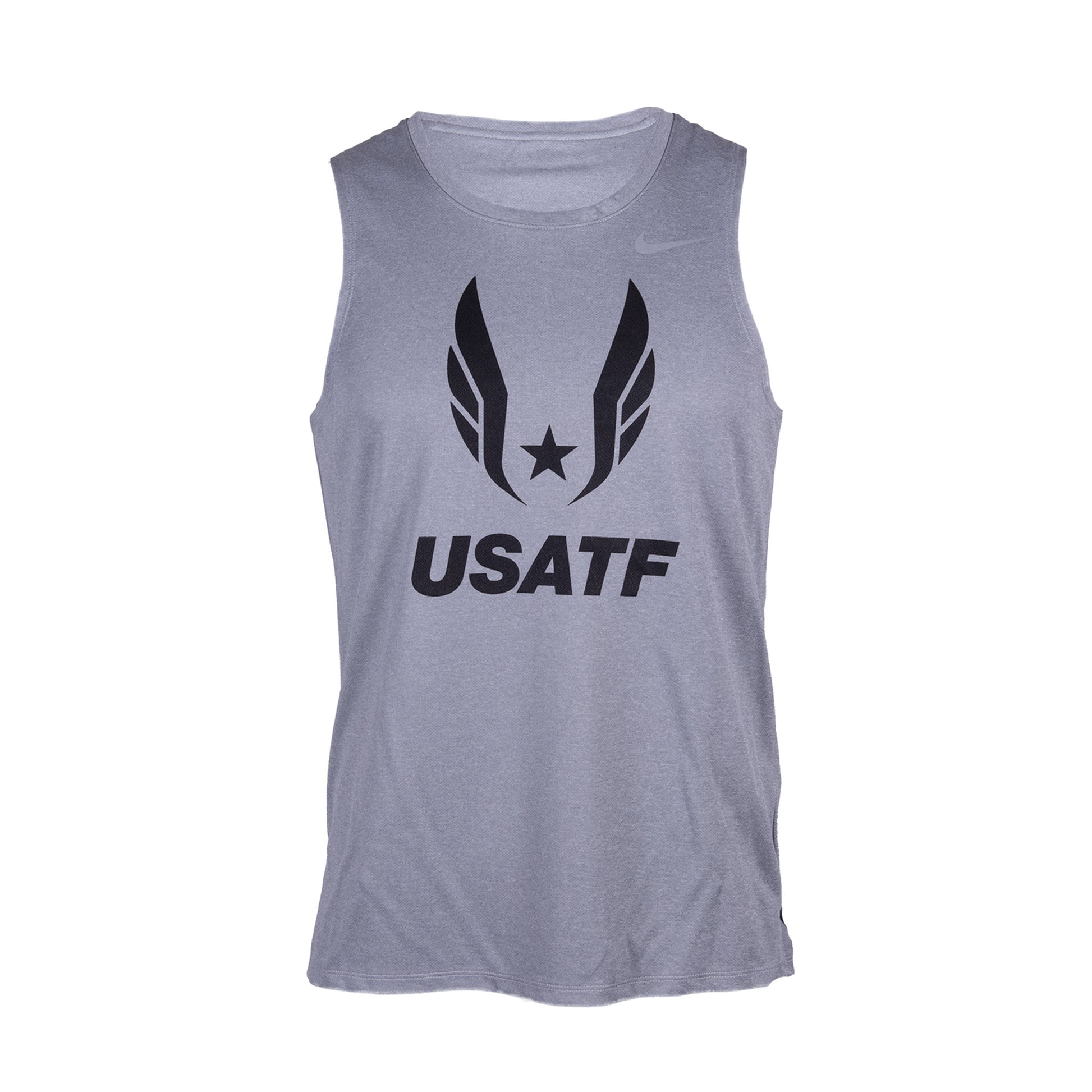 Nike USATF Men's DRI-FIT Miler Tank in gray color, featuring a sleeveless design with a graphic of wings and the USATF logo on the front.