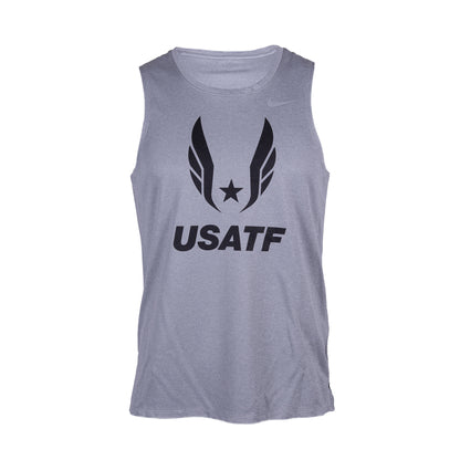Nike USATF Men's DRI-FIT Miler Tank in gray color, featuring a sleeveless design with a graphic of wings and the USATF logo on the front.