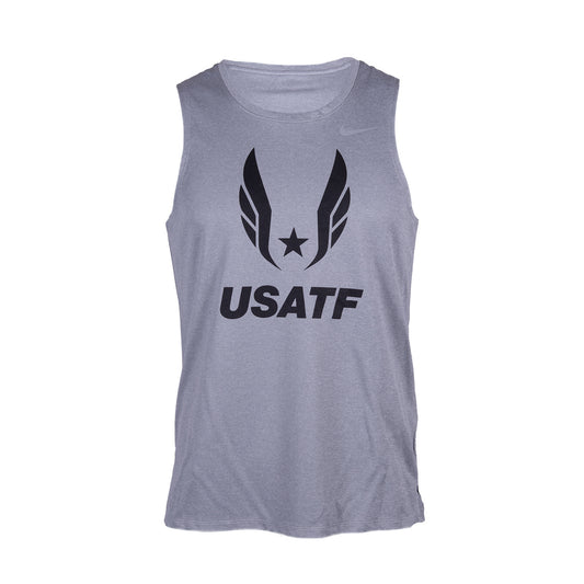 Nike USATF Men's DRI-FIT Miler Tank in gray color, featuring a sleeveless design with a graphic of wings and the USATF logo on the front.