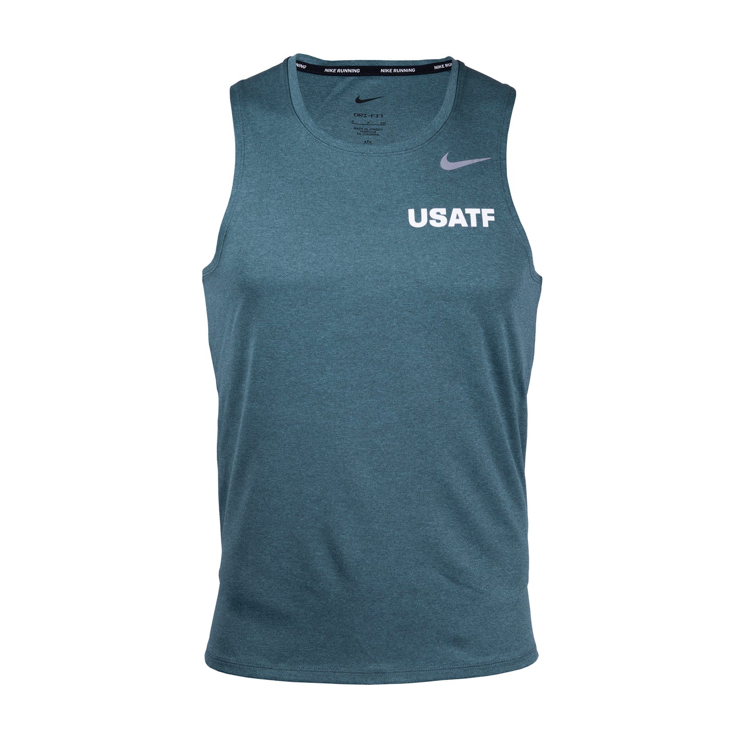 Nike USATF Men's Dri-FIT Miler Tank in green color, featuring a round neck, sleeveless design, and the Nike logo and USATF branding on the front.