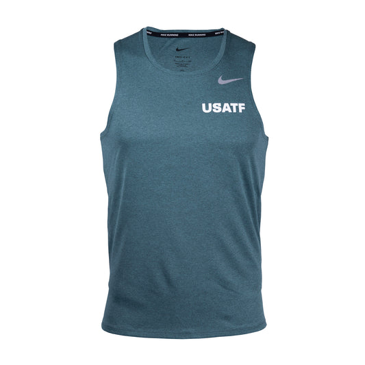 Nike USATF Men's Dri-FIT Miler Tank in green color, featuring a round neck, sleeveless design, and the Nike logo and USATF branding on the front.