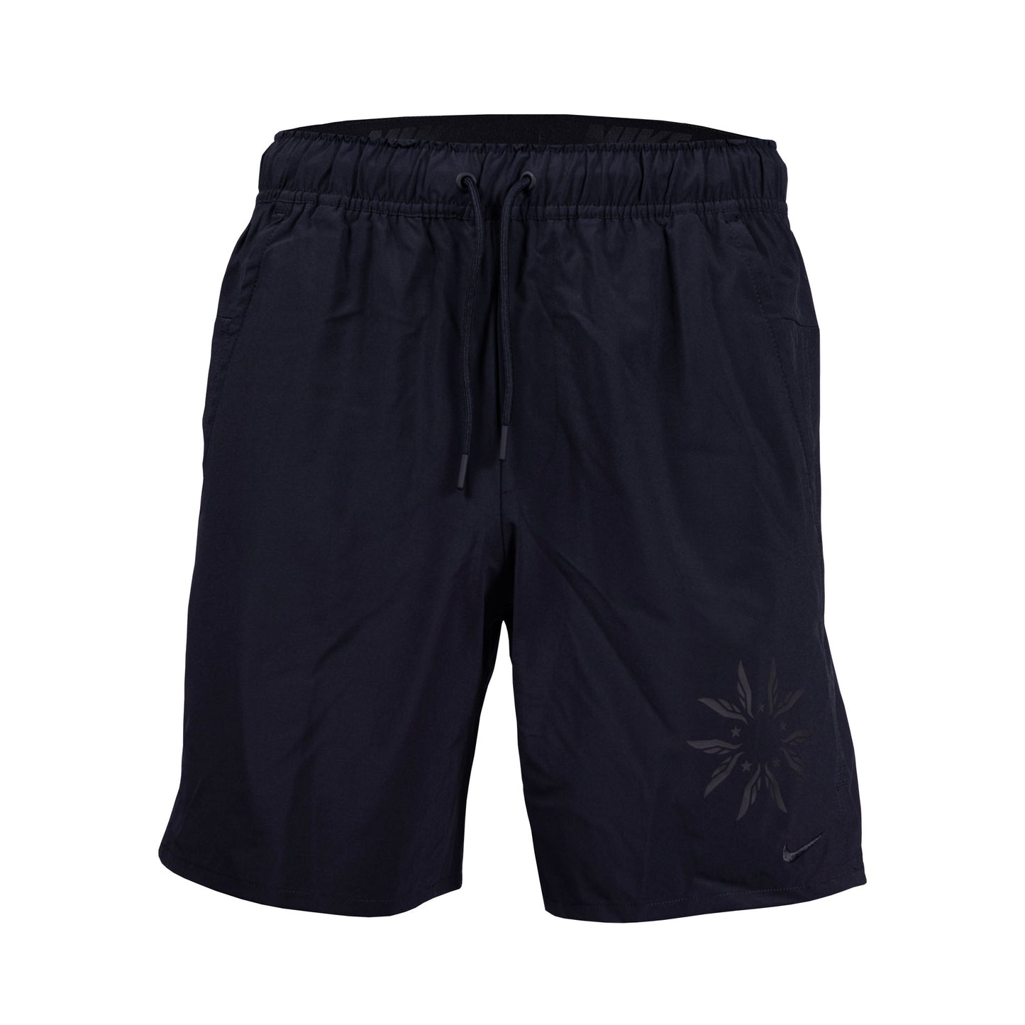 Men's Nike Dri-FIT running shorts in black with a visible Swoosh logo on the left leg, featuring an elastic waistband and side hand pockets.