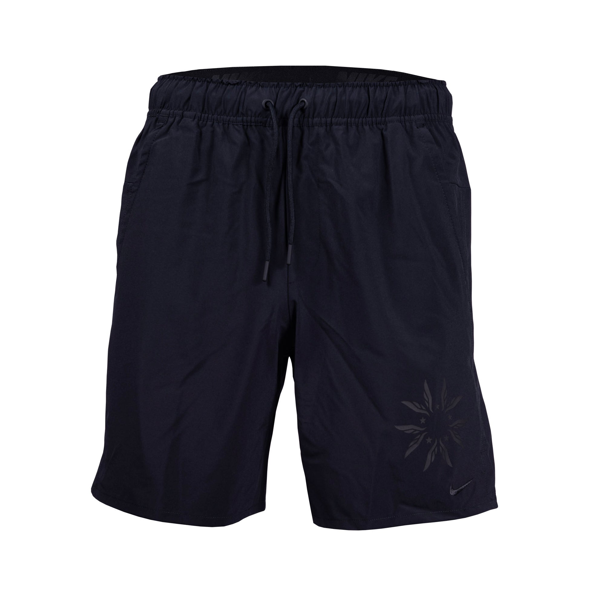 Men's Nike Dri-FIT running shorts in black with a visible Swoosh logo on the left leg, featuring an elastic waistband and side hand pockets.