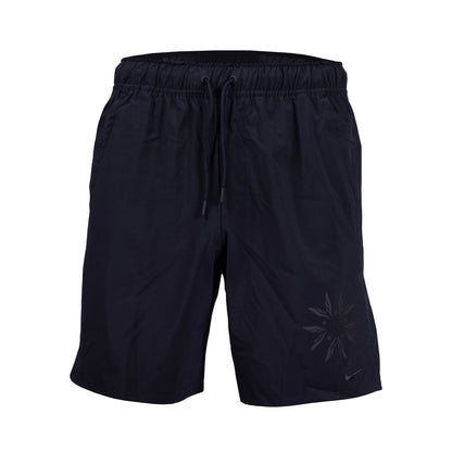 Men's Nike Dri-FIT running shorts in black with a visible Swoosh logo on the left leg, featuring an elastic waistband and side hand pockets.