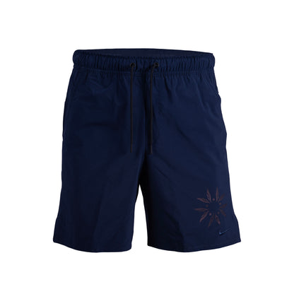 A pair of navy blue Nike Dri-FIT unlined shorts with an elastic waistband and a small embroidered Swoosh logo on the left leg.