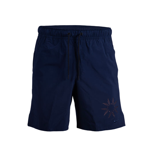 A pair of navy blue Nike Dri-FIT unlined shorts with an elastic waistband and a small embroidered Swoosh logo on the left leg.