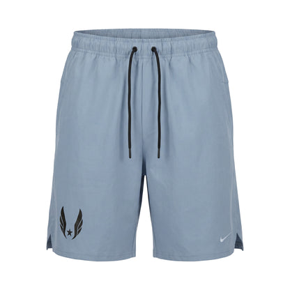 Blue athletic shorts with a logo on a white background