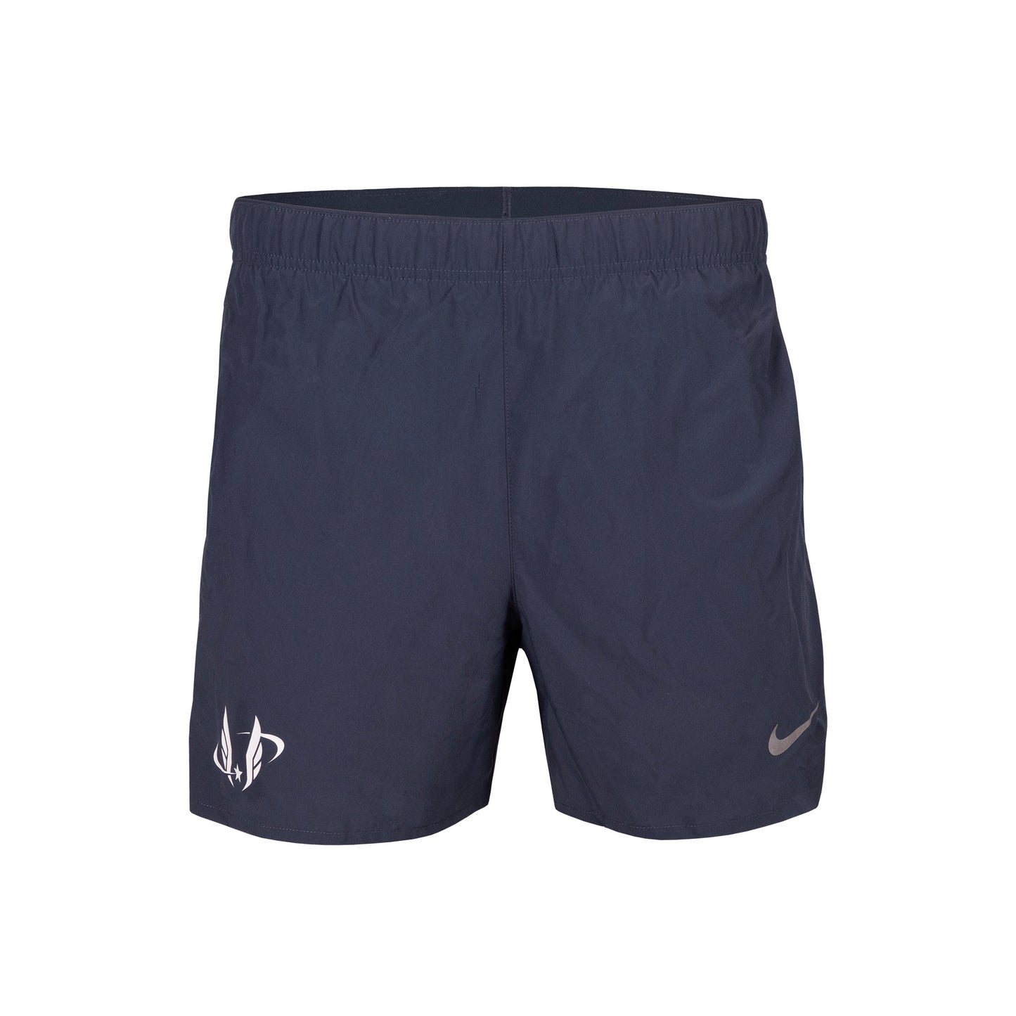 Navy blue athletic shorts with a logo on a white background