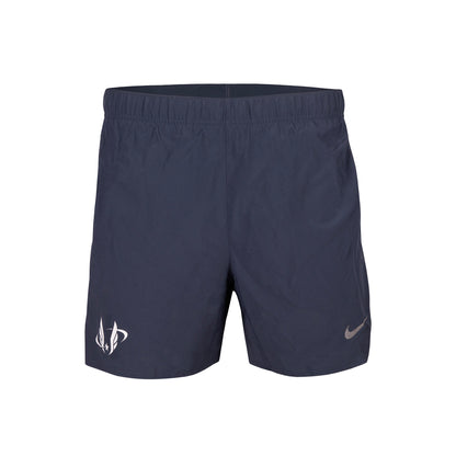 Navy blue athletic shorts with a logo on a white background
