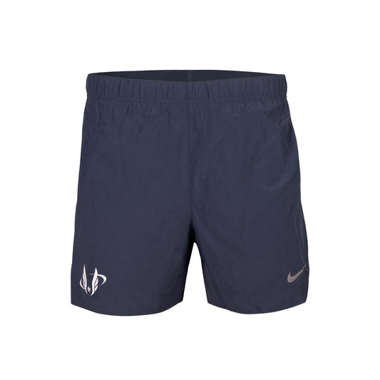 Navy blue athletic shorts with a logo on a white background