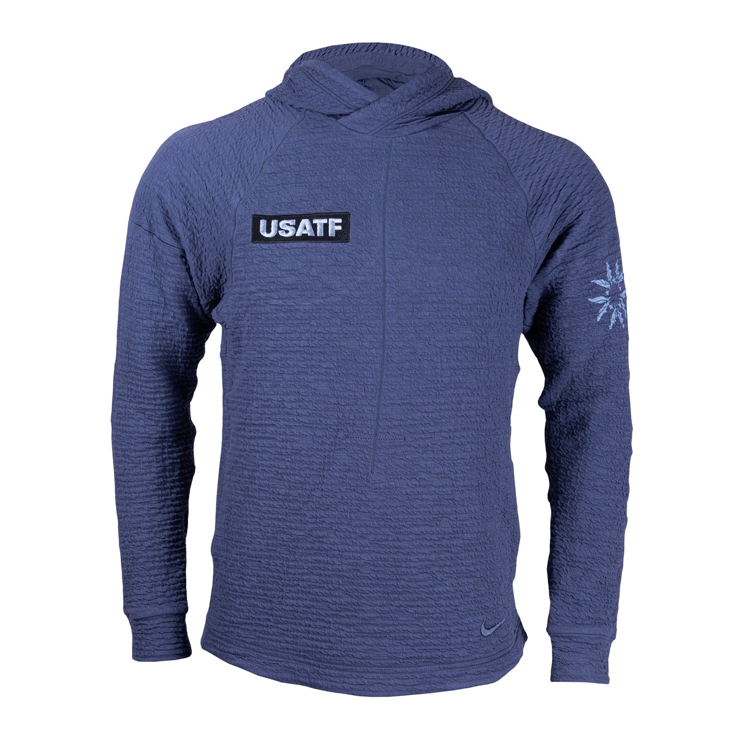 Nike USATF Men's Dri-FIT Pullover hoodie in blue color with a hood and long sleeves.