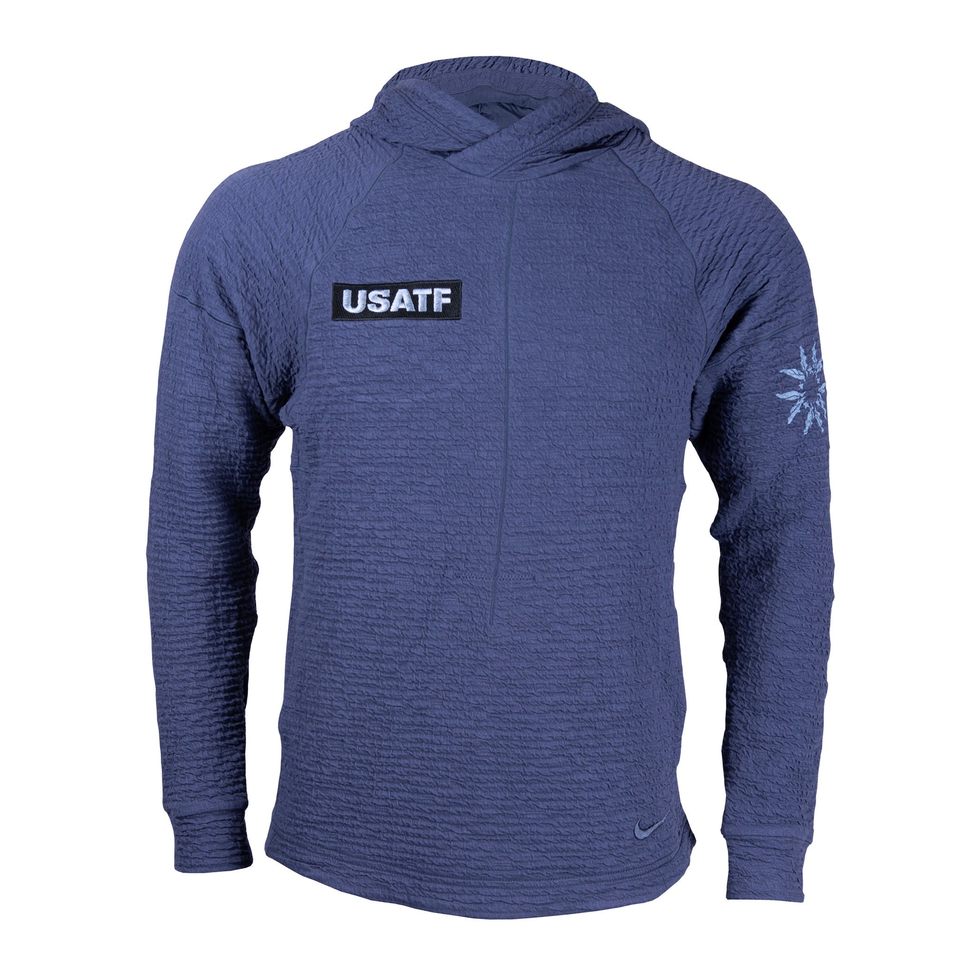 Nike USATF Men's Dri-FIT Pullover hoodie in blue color with a hood and long sleeves.
