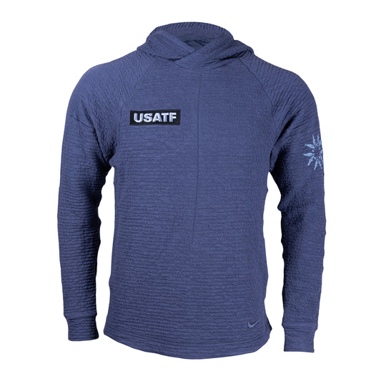 Nike USATF Men's Dri-FIT Pullover hoodie in blue color with a hood and long sleeves.