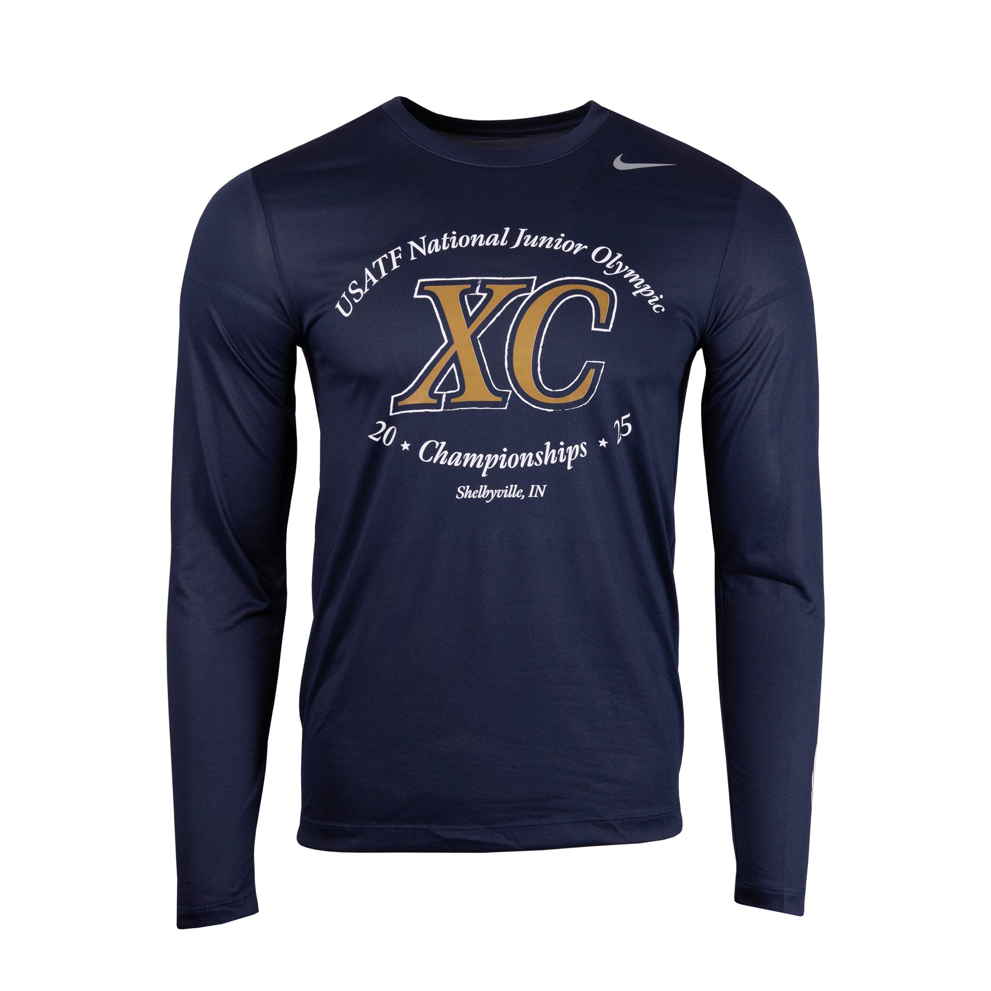 Navy long-sleeve shirt with 'USATF National Junior Olympic XC Championships' text on a white background