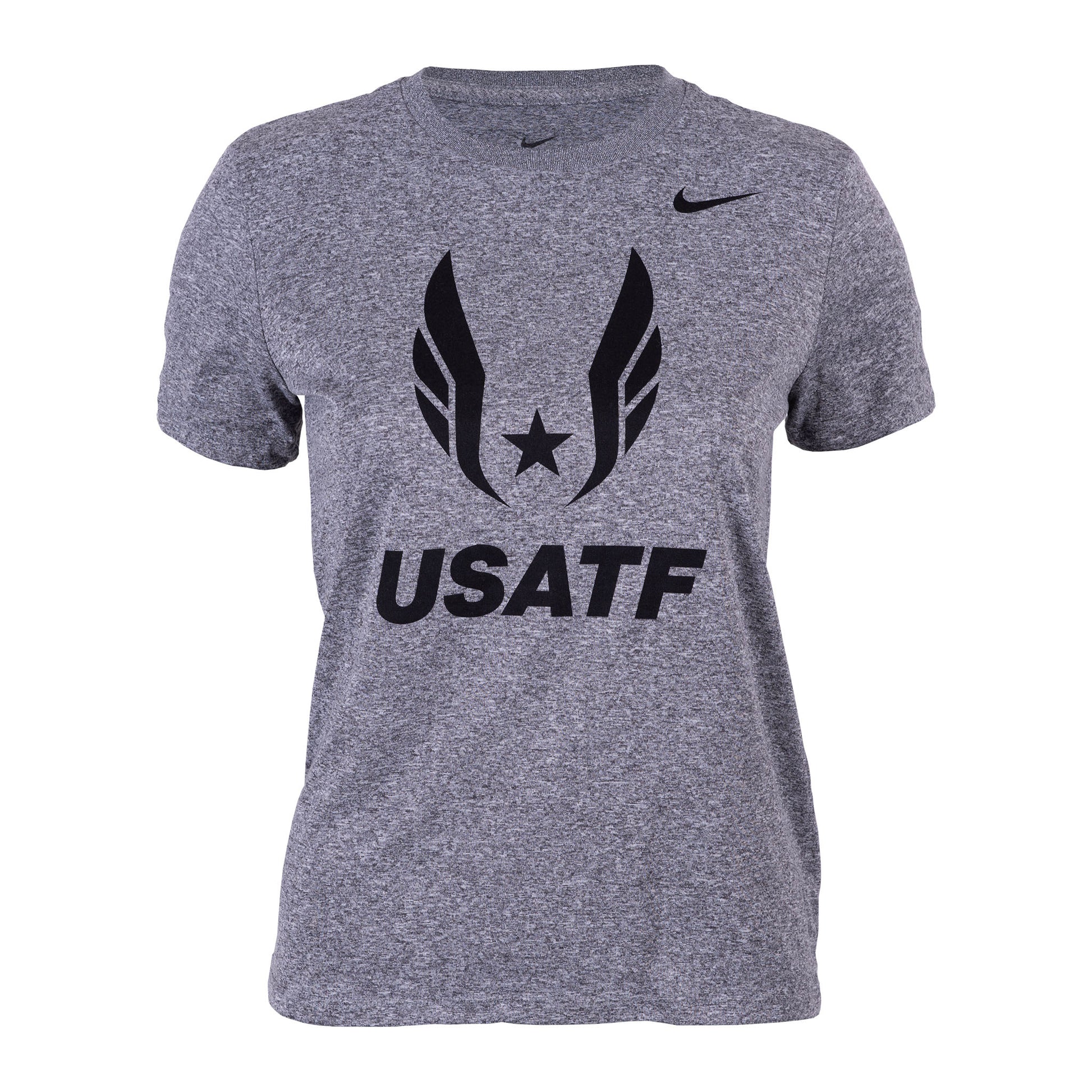 A gray Nike USATF Women's Federation Legend Tee with black logo graphics on the front.