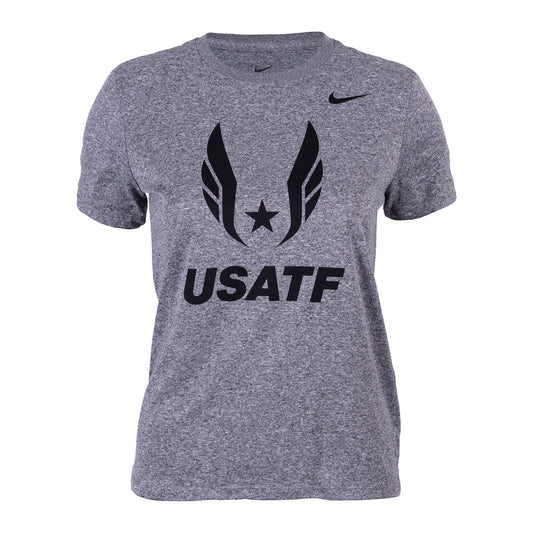 A gray Nike USATF Women's Federation Legend Tee with black logo graphics on the front.