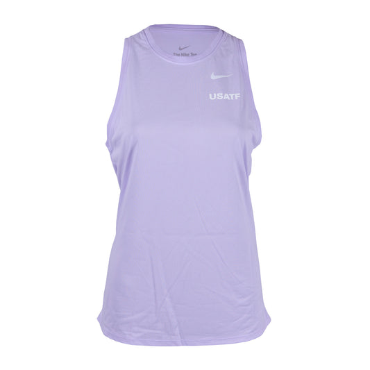 Nike USATF Women's Dri-FIT Training Tank in purple color, sleeveless with brand logo on the chest.