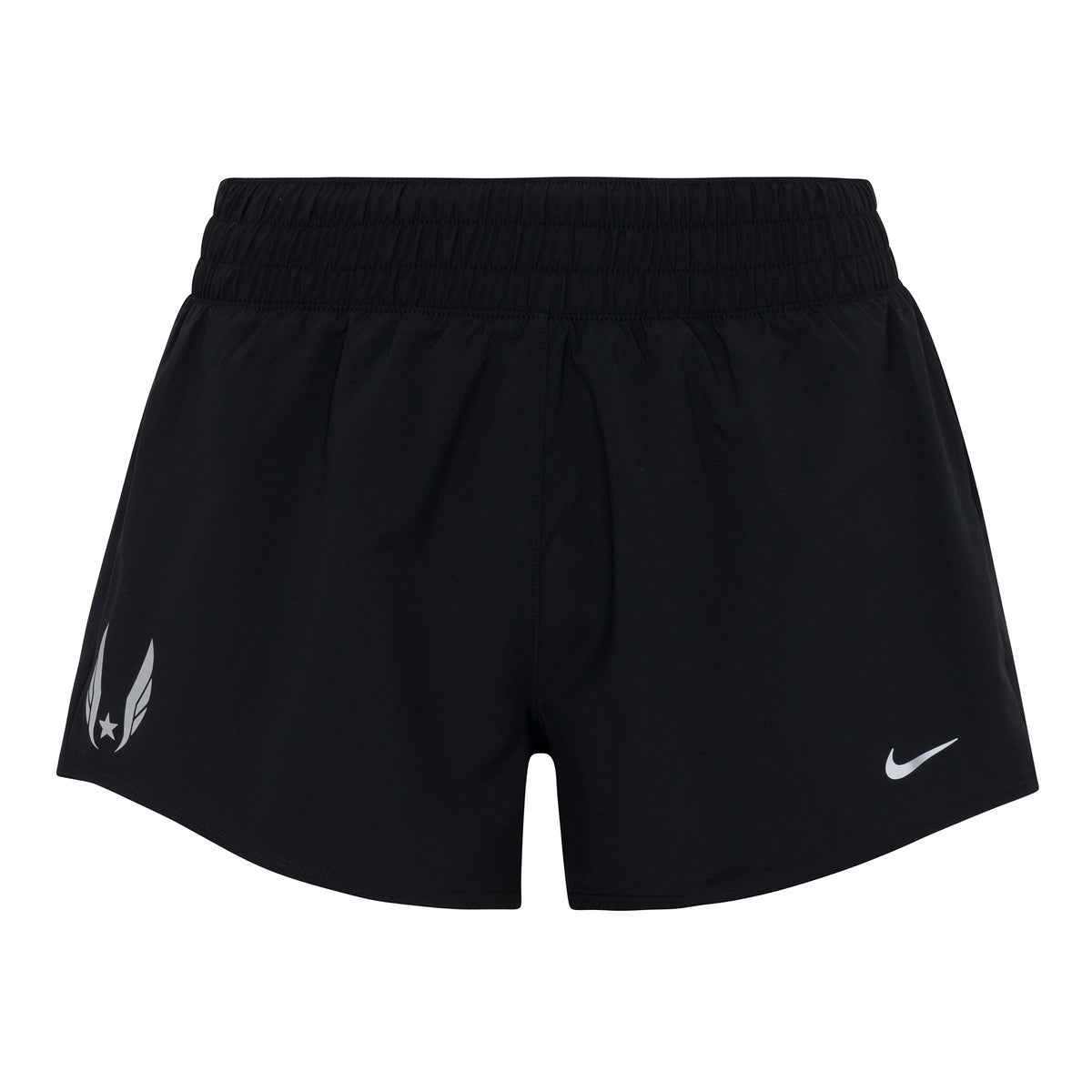 Nike USATF Women's Dri-FIT Mid-Rise 3" Brief-Lined Shorts in black color with a small silver reflective Nike logo on the left leg and a USATF Wing logo on the right leg.