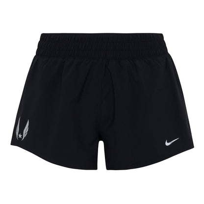 Nike USATF Women's Dri-FIT Mid-Rise 3" Brief-Lined Shorts in black color with a small silver reflective Nike logo on the left leg and a USATF Wing logo on the right leg.