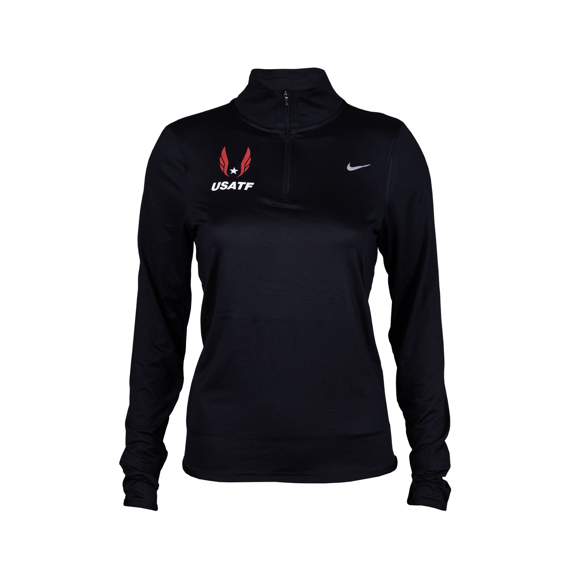 Nike USATF Women's Dri-FIT Swift UV Half-Zip running top in black with a small Nike logo on the chest and a USA Track and Field logo on the left sleeve.