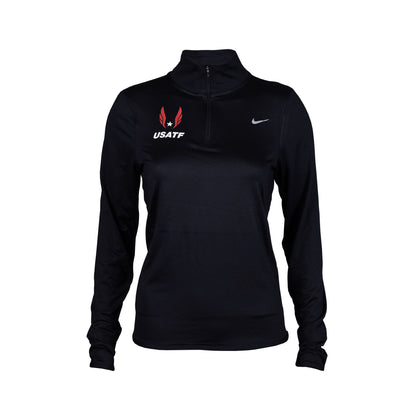 Nike USATF Women's Dri-FIT Swift UV Half-Zip running top in black with a small Nike logo on the chest and a USA Track and Field logo on the left sleeve.